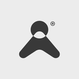Minimalist black abstract logo resembling a person with a registered trademark symbol on a light gray background.